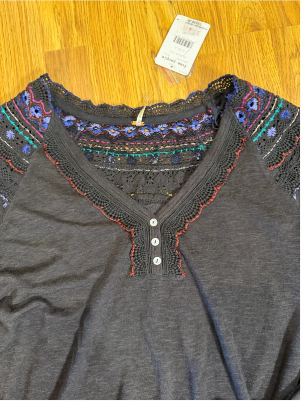 Free People Siesta Long Sleeve Embroidered Top, Size L, Black